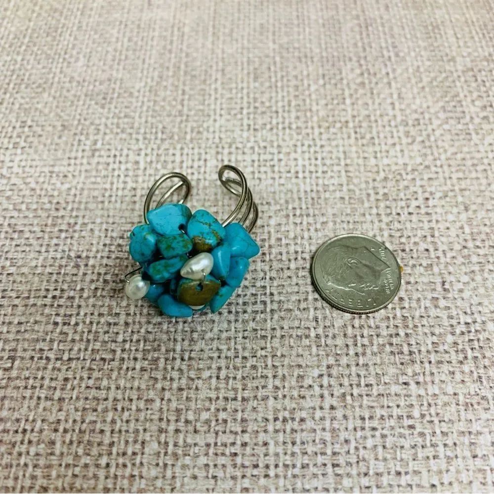 Turquoise and Pearl Cluster Adjustable Ring - Picture 2 of 3